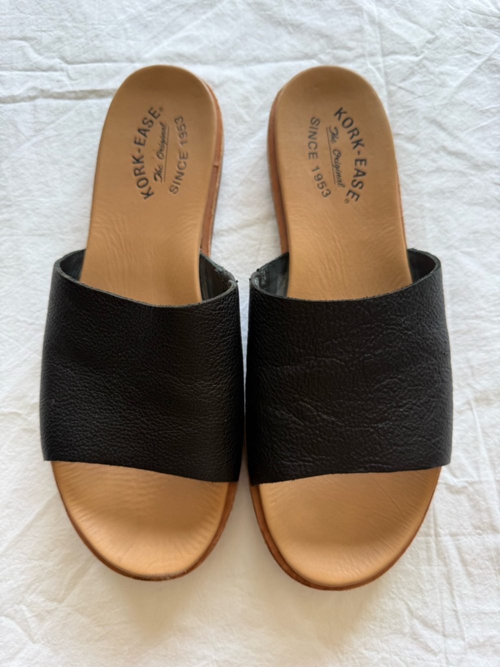 Kork-Ease Black Leather Slide Sandals size 10 with tan leather footbed - Picture 2 of 9